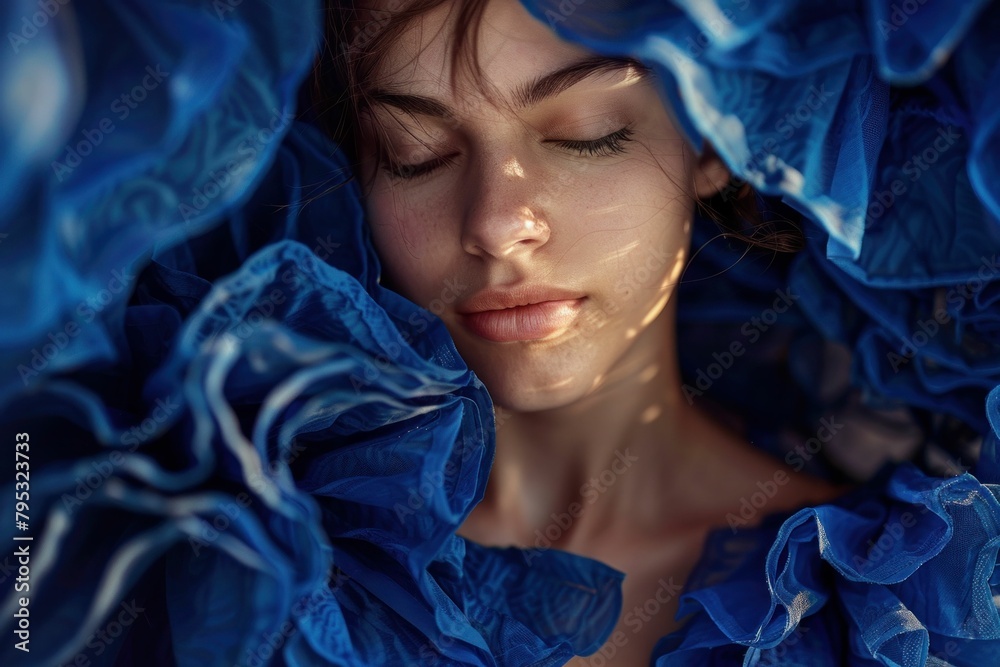 Sensual woman in elegant blue dress with eyes closed covered in delicate blue ruffles Sensual woman in elegant blue dress with eyes closed covered in delicate blue ruffles