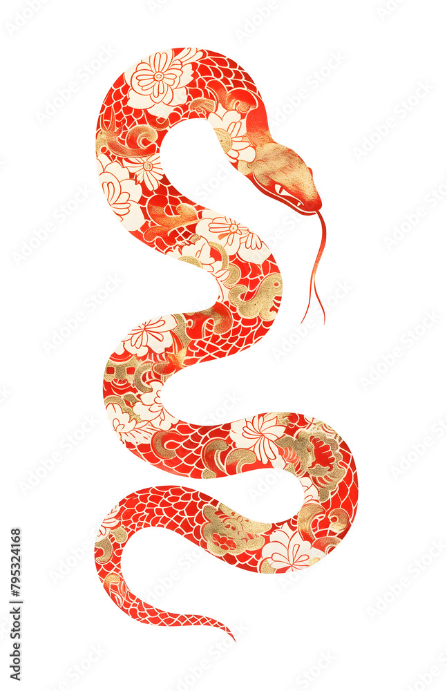 Obraz premium Zodiac Snake sign - symbol of Chinese New Year 2025. Red snake with delicate floral motifs illustration in style of traditional Chinese artwork Isolated element, clipart