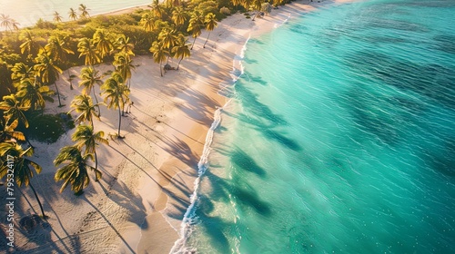 A stunning aerial view of a pristine sandy beach with crystal-clear turquoise waters, fringed by palm trees and bathed in golden sunlight, photo