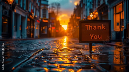 A 'Thank You' sign stands out glistening street at sunset, offering silent but warm gesture thanks