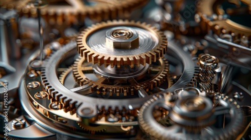 A close up of a steampunk clockwork mechanism with gears and cogs