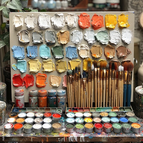An art palette with many colors of oil paint and a variety of paintbrushes.