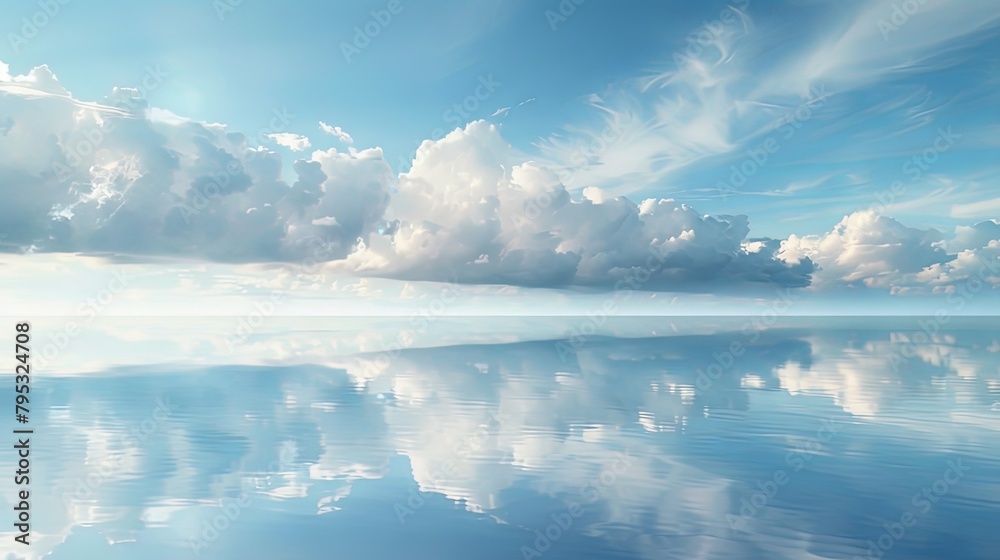 Obraz premium A tranquil seascape with a wide blue sky mirrored in the calm waters below, reflecting the infinite expanse and beauty of the wide ocean.
