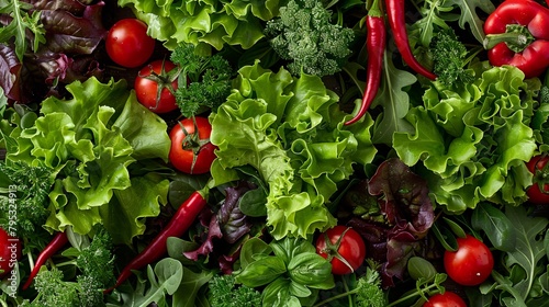 A vibrant assortment of fresh green lettuce leaves, juicy tomatoes, fragrant herbs, and red bell peppers, ready to be tossed into a delicious salad.