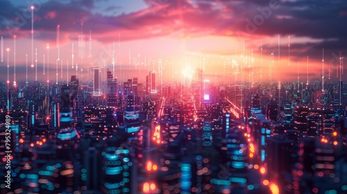 A digital painting of a futuristic city at night. The city is full of skyscrapers and bright lights. The sky is a dark blue and there are stars and clouds in the background.