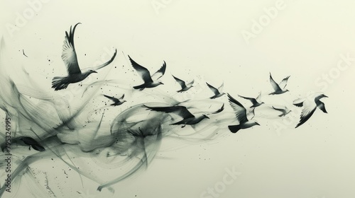 A flock of birds is flying in the sky. The birds are made of black ink and the sky is white. photo