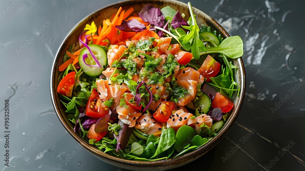 A vibrant salad bowl filled with fresh greens, colorful vegetables, and flaked salmon, drizzled with a zesty dressing, perfect for a healthy and satisfying meal. A vibrant salad bowl filled with fresh greens, colorful vegetables, and flaked salmon, drizzled with a zesty dressing, perfect for a healthy and satisfying meal.