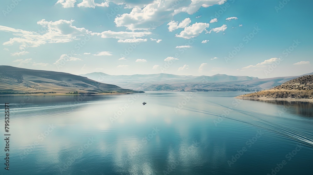 A wide-angle shot of a massive freshwater reservoir, with boats sailing across the calm waters against a backdrop of distant mountains and blue sky.