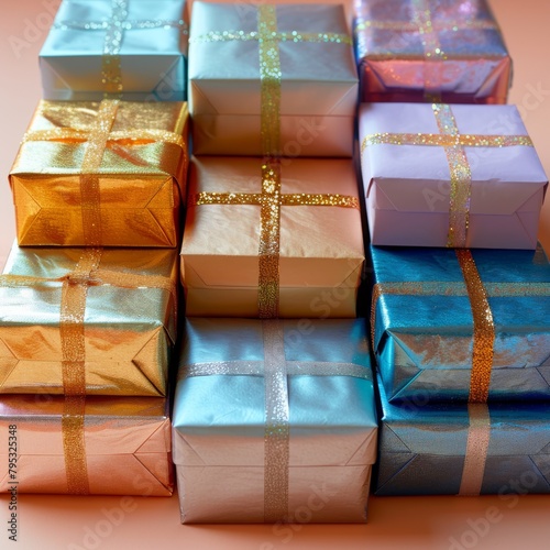 A stack of wrapped presents with gold ribbon. photo