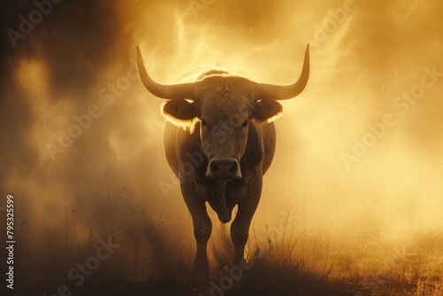  large bull raises dust with its furious running against the backdrop of sunset rays, a symbol of the state of Texas, bullfighting 