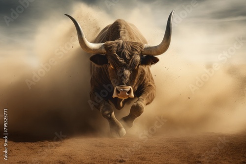  large bull raises dust with its furious running against the backdrop of sunset rays, a symbol of the state of Texas, bullfighting 