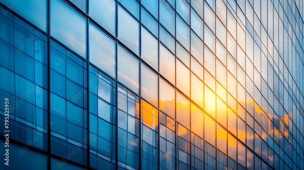On the corner, a tall building adorned with numerous glass windows and panels stands proudly, creating a symmetrical facade in the city's skyline. On the corner, a tall building adorned with numerous glass windows and panels stands proudly, creating a symmetrical facade in the city's skyline.