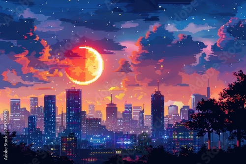 A pixelated cityscape with a large orange moon in the background. The sky is dark blue and there are some clouds. The buildings are mostly blue and there are some trees in the foreground. photo