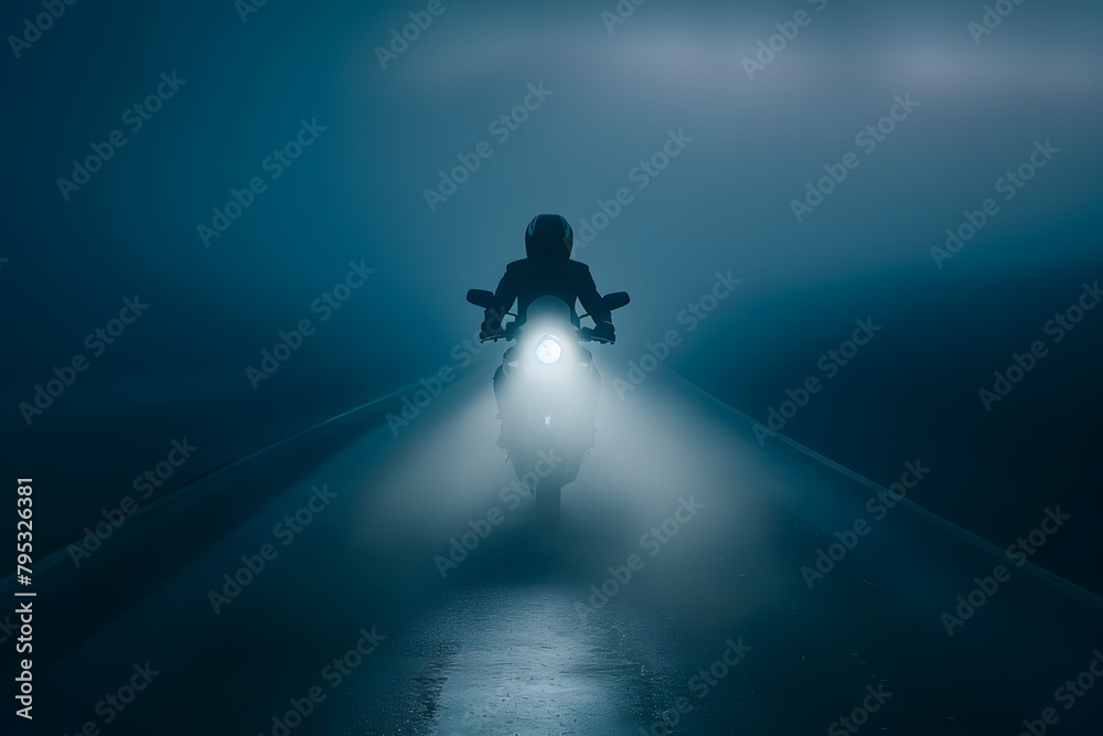 The headlight of a super sport motorcycle illuminating a foggy road, with the rider's silhouette just visible