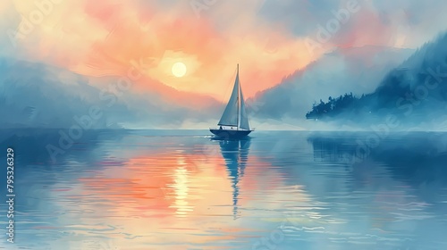 A sailboat on a calm lake at sunset. The sky is a gradient of orange and pink, and the water is a deep blue. The boat is white with a brown mast, and there are a few trees on the shore.
