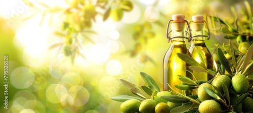 Golden olive oil bottles in rural field with olives under morning sun, wide banner with copy space