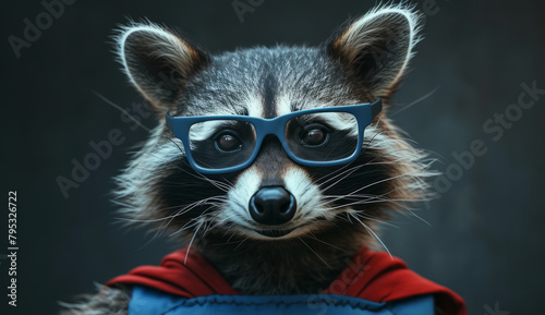Close up funny portrait of a raccoon in a superman costume wearing glasses. Funny character for your game or story 