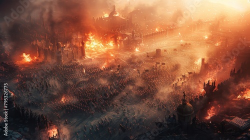 A vast army marches through a burning city.