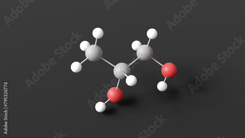 propylene glycol molecular structure, e1520, ball and stick 3d model, structural chemical formula with colored atoms