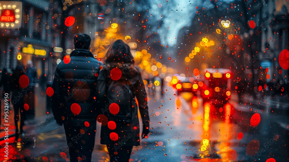 A couple walking down a wet street with cars in the background
