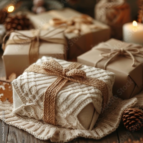A beautifully wrapped present with a knitted bow sits in front of a dimly lit background of other wrapped presents and pine cones. photo