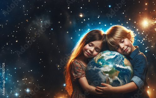 a boy and a girl embracing and protecting our planet, like optimistic concept for future generations, a photorealistic illustration