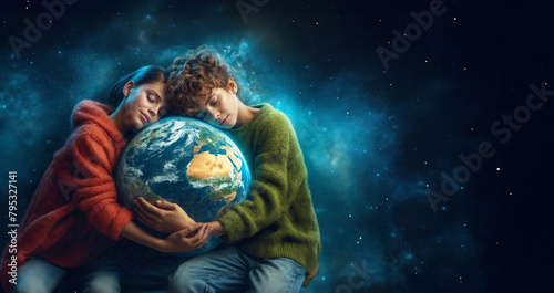 two teenagers kids holding Earth over abstract blue background with copy space, a photorealistic illustration