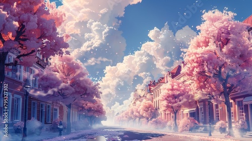 A wide street in a Japanese city is lined with cherry trees in full bloom. The petals are a delicate shade of pink and they are fluttering in the breeze. The sky is a clear blue and the sun is shining