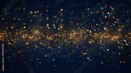 Abstract gold particles with navy foil texture for holiday celebration background.