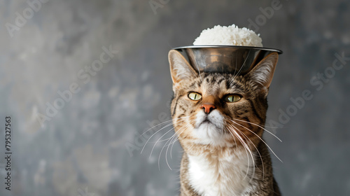 頭の上にご飯を載せられて迷惑そうな猫