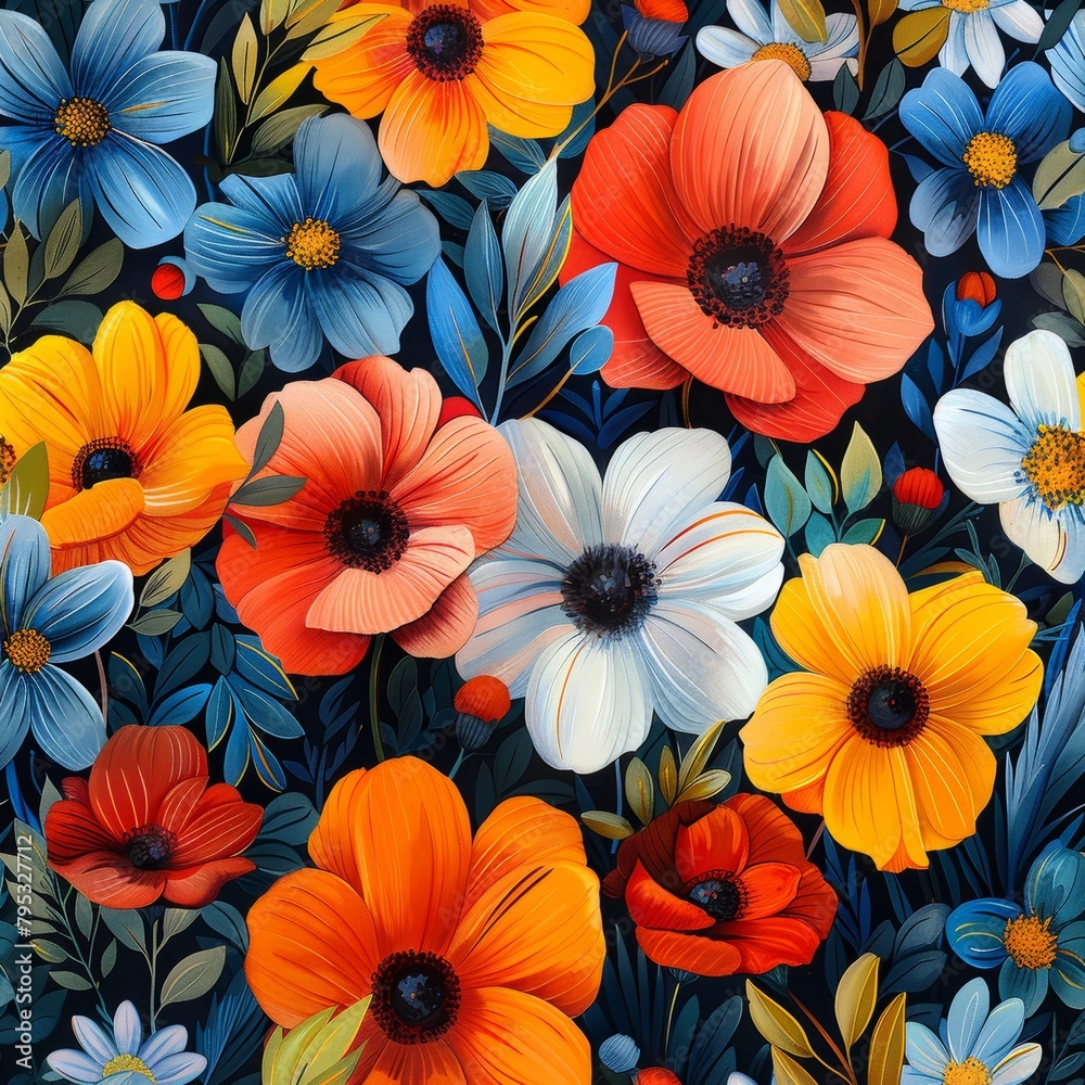 A seamless pattern of colorful flowers of different sizes.