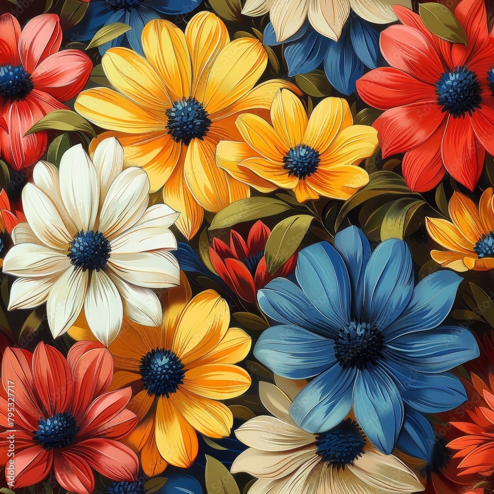 A seamless pattern of colorful flowers with a retro 70s vibe.