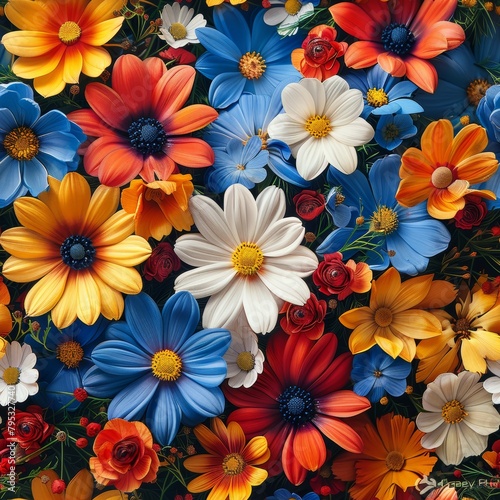 A variety of flowers in red, orange, yellow, white, and blue with green foliage.