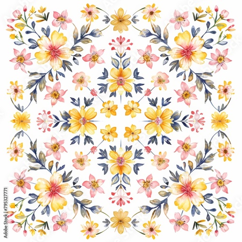 A seamless pattern of hand-painted watercolor flowers in a folk art style. The flowers are arranged in a symmetrical design and the color palette is pink  yellow  and blue.