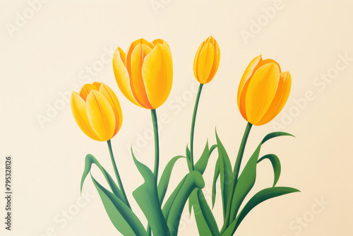 A simple  minimalistic illustration of yellow tulips with green foliage on a white background. Greeting card with spring mood