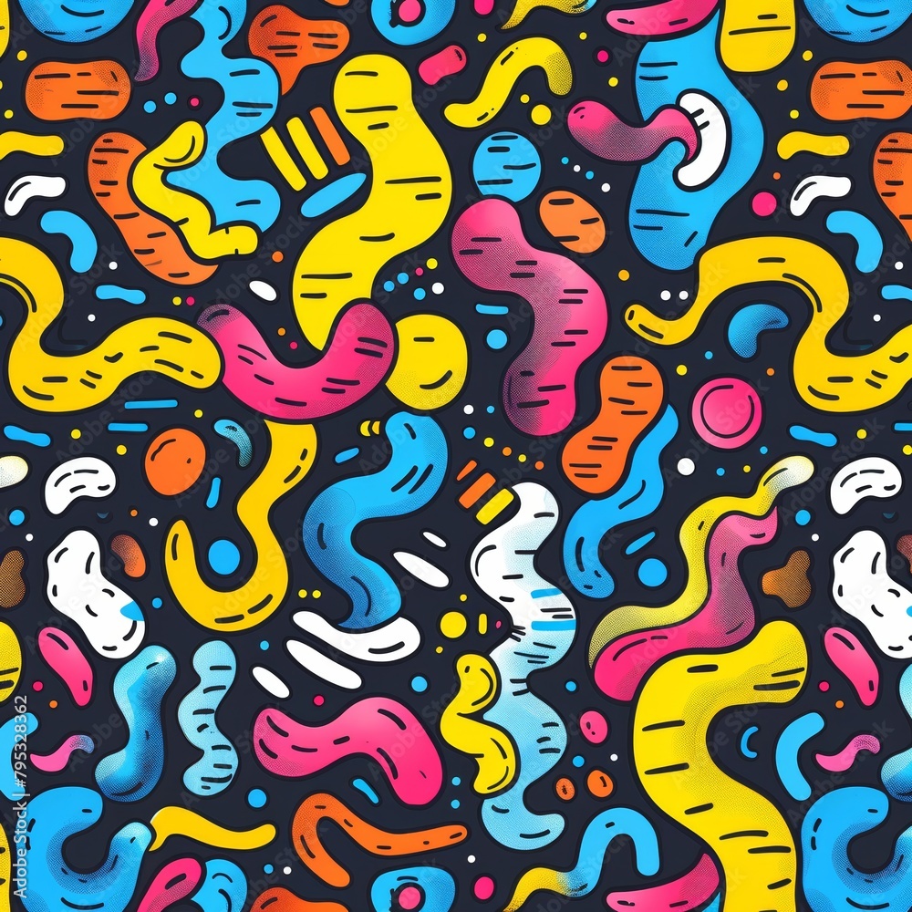 Colorful abstract seamless pattern with hand drawn shapes.