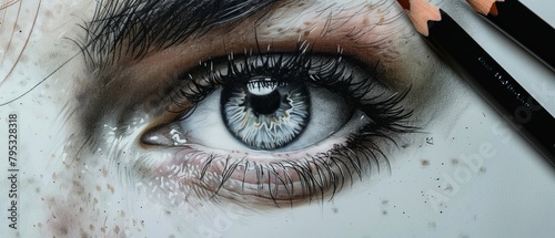 An incredibly detailed drawing of a blue eye with black lashes and freckles around it. photo