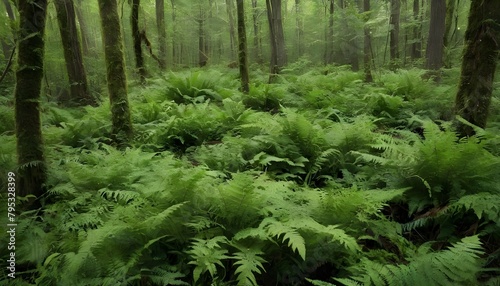 A dense thicket of ferns covering the forest floor