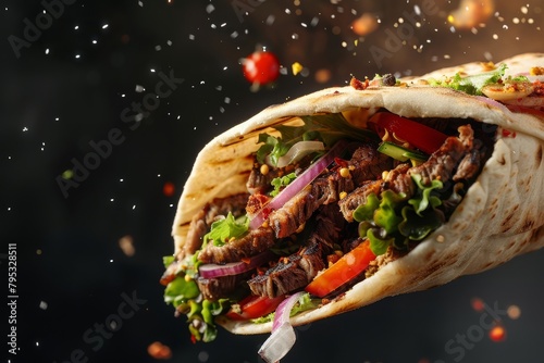 grilled beef turkish or chicken arabic shawarma doner sandwich with flying ingredients and spices hot ready to serve and eat food commercial advertisement menu banner with copy space, photography 