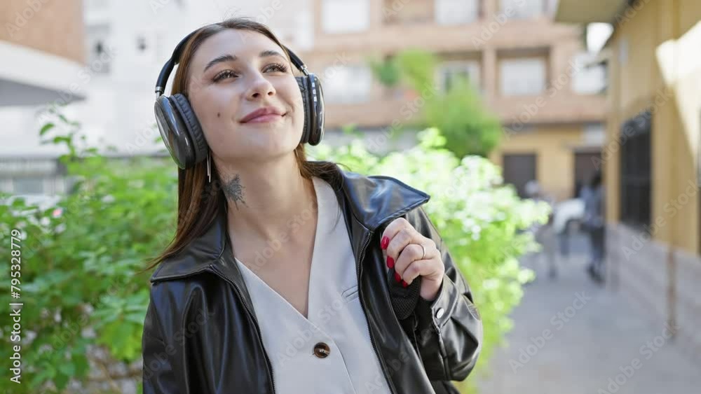 A content young woman enjoys music with headphones on a city street, embodying urban lifestyle and leisure.