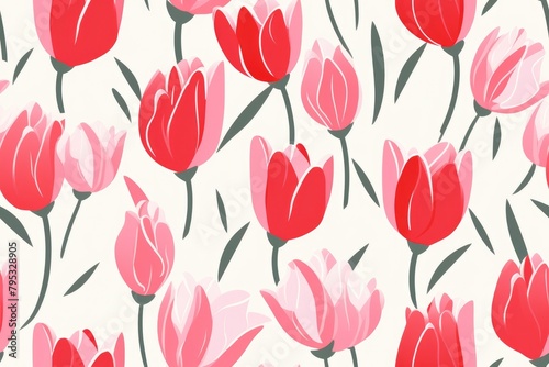 Seamless pattern of pastel red tulips with foliage. Simple minimalistic illustration