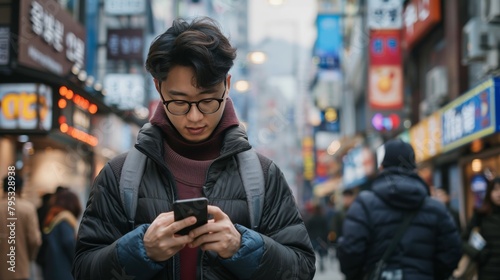 A male traveler using a smartphone to navigate through the bustling streets of Seoul