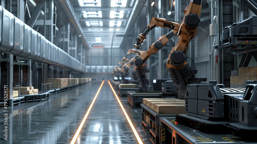 Naklejka premium Automated warehouse with robotic arms sorting packages