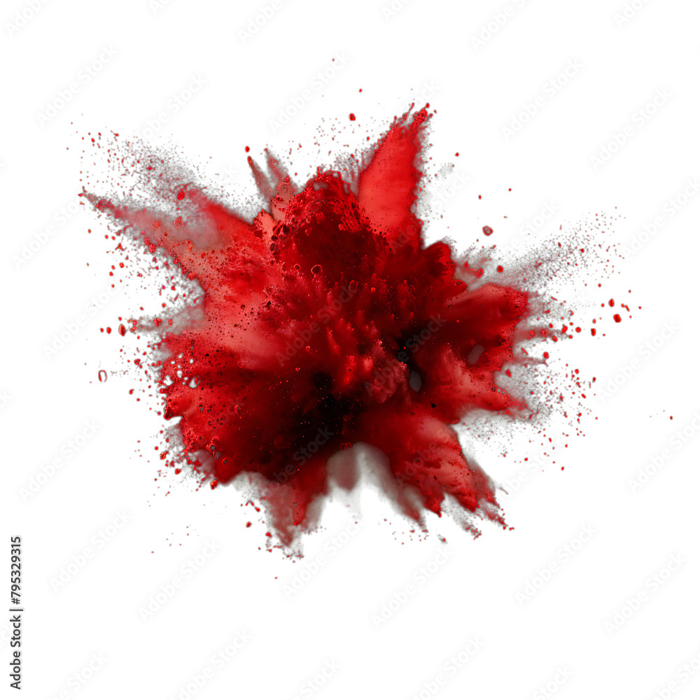A red explosion-like shape against a white background.