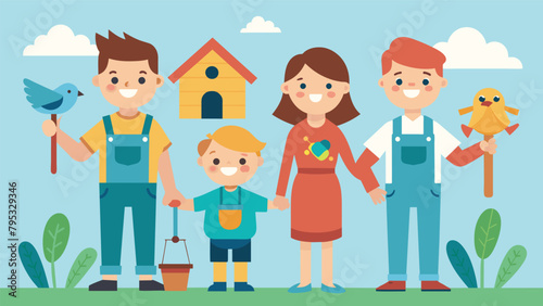 A young child stands proudly beside their family as they all hold up their newly completed birdhouse paintbrushes and tools in hand.