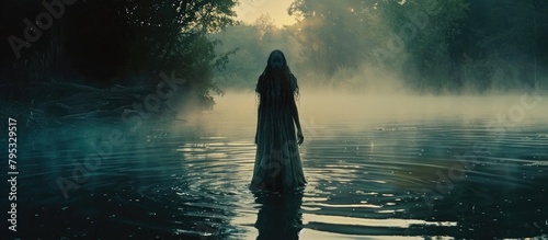 Ghostly La Llorona Haunts Riverbank in Desolate Night