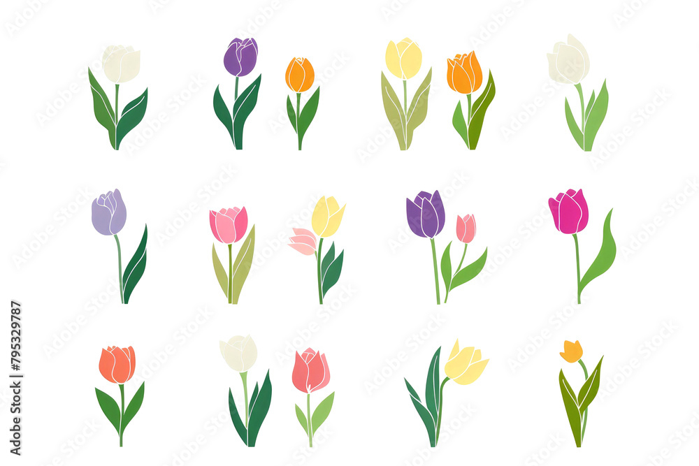 A set of 12 website icons with multi-colored tulips in pastel shades on a white background. Simple minimalistic illustration