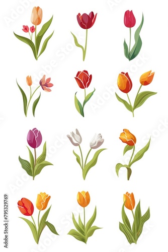A set of 12 website icons with multi-colored tulips in pastel shades on a white background. Simple minimalistic illustration