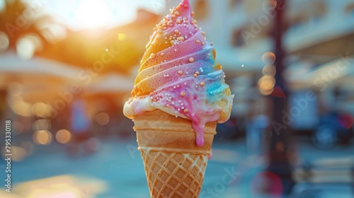 Colorful Melting Ice Cream Cone on Sunny Street