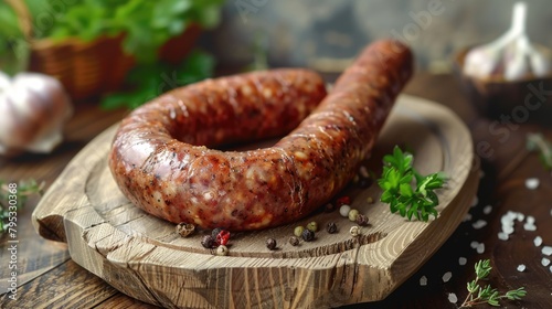 Grilled sausage on a wooden cutting board with herbs.